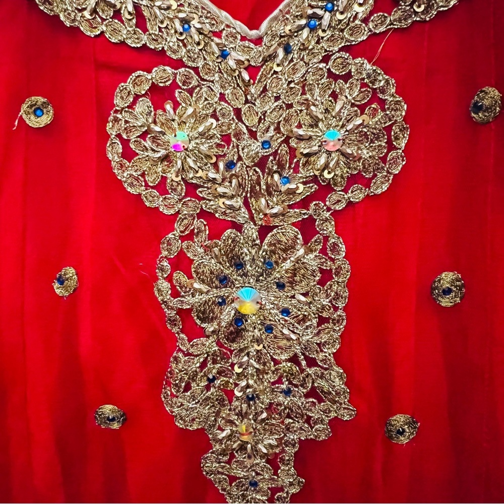 Red Net With Gold Thread Embroidered Sleeveless P… - image 5